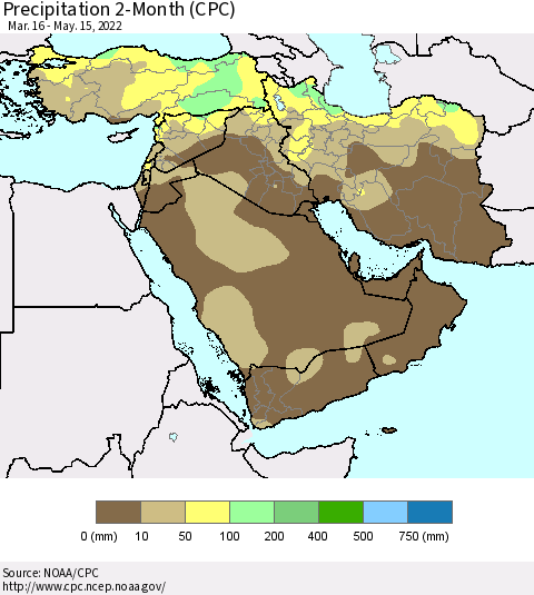 Middle East and Turkey Precipitation 2-Month (CPC) Thematic Map For 3/16/2022 - 5/15/2022