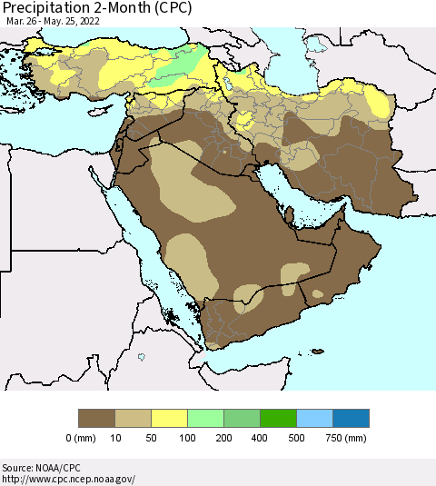 Middle East and Turkey Precipitation 2-Month (CPC) Thematic Map For 3/26/2022 - 5/25/2022