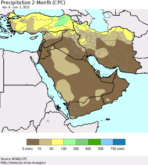 Middle East and Turkey Precipitation 2-Month (CPC) Thematic Map For 4/6/2022 - 6/5/2022