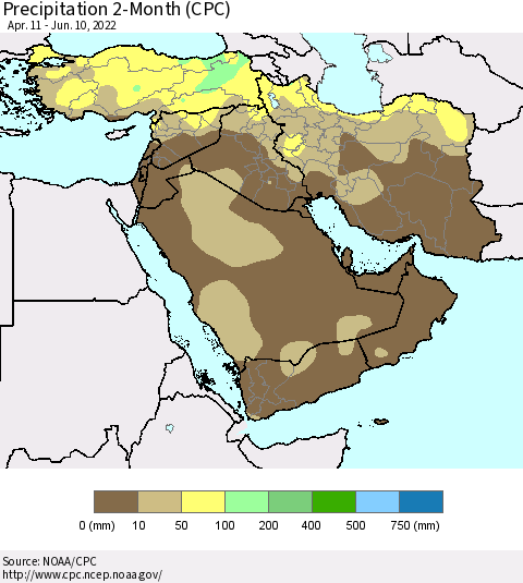 Middle East and Turkey Precipitation 2-Month (CPC) Thematic Map For 4/11/2022 - 6/10/2022