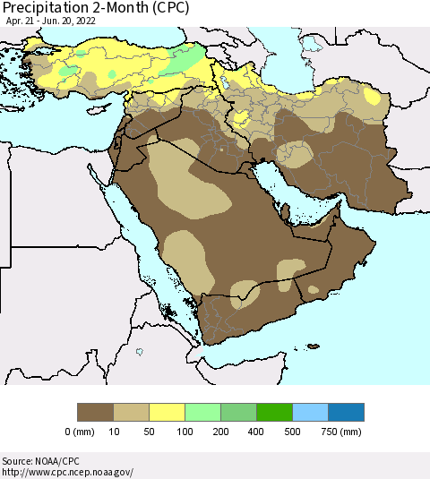 Middle East and Turkey Precipitation 2-Month (CPC) Thematic Map For 4/21/2022 - 6/20/2022