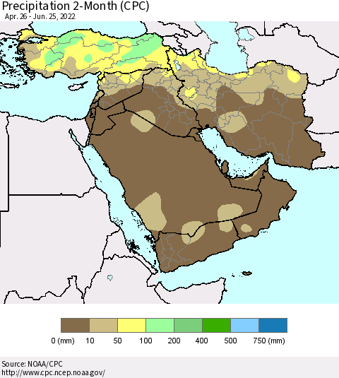 Middle East and Turkey Precipitation 2-Month (CPC) Thematic Map For 4/26/2022 - 6/25/2022