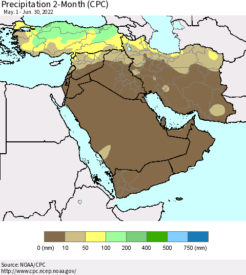 Middle East and Turkey Precipitation 2-Month (CPC) Thematic Map For 5/1/2022 - 6/30/2022