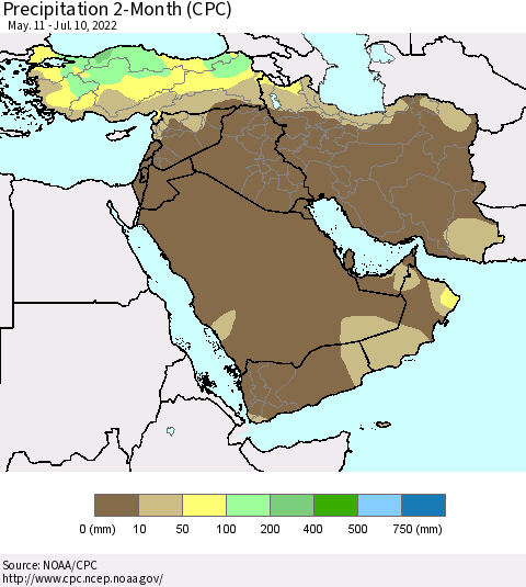 Middle East and Turkey Precipitation 2-Month (CPC) Thematic Map For 5/11/2022 - 7/10/2022