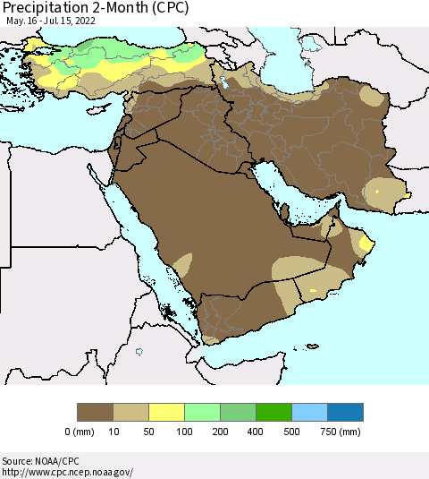 Middle East and Turkey Precipitation 2-Month (CPC) Thematic Map For 5/16/2022 - 7/15/2022