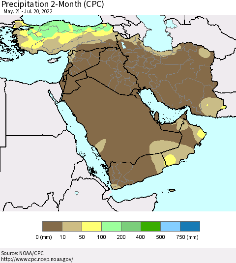 Middle East and Turkey Precipitation 2-Month (CPC) Thematic Map For 5/21/2022 - 7/20/2022