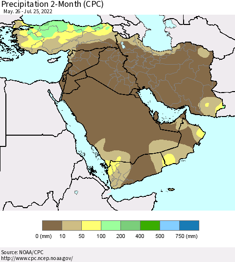 Middle East and Turkey Precipitation 2-Month (CPC) Thematic Map For 5/26/2022 - 7/25/2022