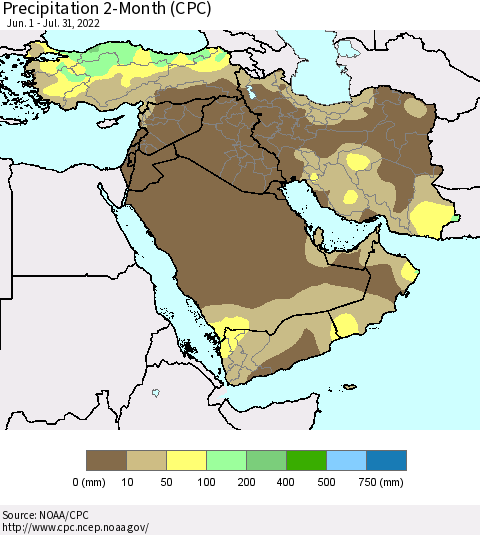 Middle East and Turkey Precipitation 2-Month (CPC) Thematic Map For 6/1/2022 - 7/31/2022