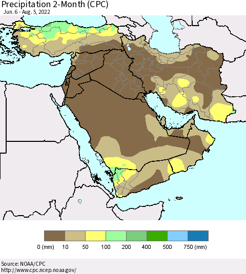 Middle East and Turkey Precipitation 2-Month (CPC) Thematic Map For 6/6/2022 - 8/5/2022