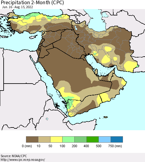 Middle East and Turkey Precipitation 2-Month (CPC) Thematic Map For 6/16/2022 - 8/15/2022