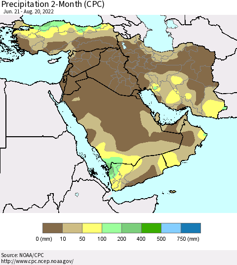 Middle East and Turkey Precipitation 2-Month (CPC) Thematic Map For 6/21/2022 - 8/20/2022