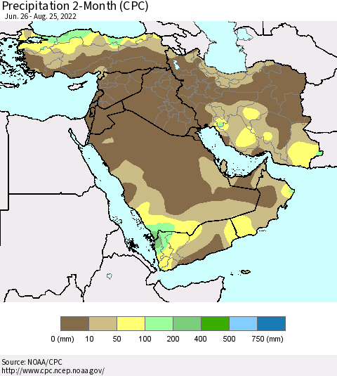 Middle East and Turkey Precipitation 2-Month (CPC) Thematic Map For 6/26/2022 - 8/25/2022