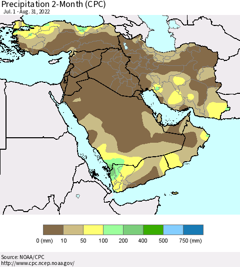 Middle East and Turkey Precipitation 2-Month (CPC) Thematic Map For 7/1/2022 - 8/31/2022