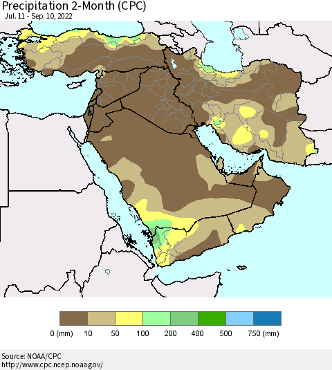 Middle East and Turkey Precipitation 2-Month (CPC) Thematic Map For 7/11/2022 - 9/10/2022