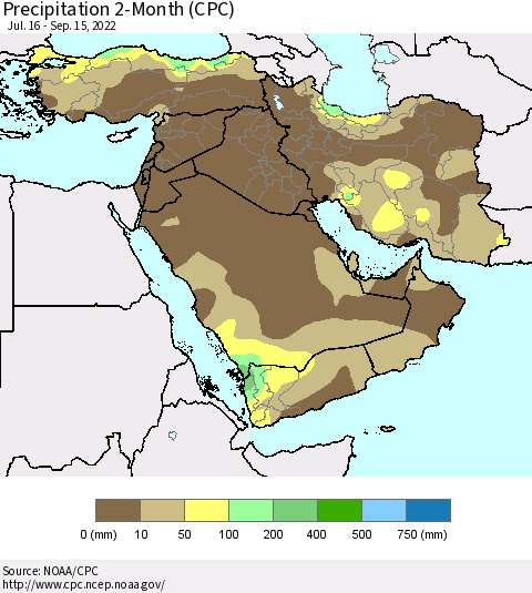 Middle East and Turkey Precipitation 2-Month (CPC) Thematic Map For 7/16/2022 - 9/15/2022