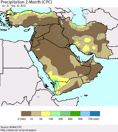 Middle East and Turkey Precipitation 2-Month (CPC) Thematic Map For 7/21/2022 - 9/20/2022