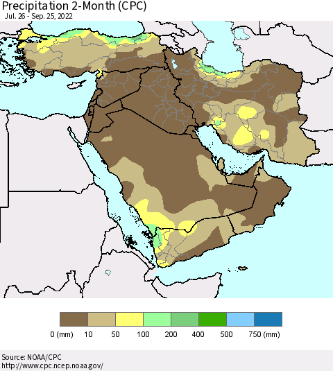 Middle East and Turkey Precipitation 2-Month (CPC) Thematic Map For 7/26/2022 - 9/25/2022