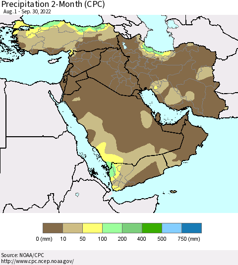 Middle East and Turkey Precipitation 2-Month (CPC) Thematic Map For 8/1/2022 - 9/30/2022