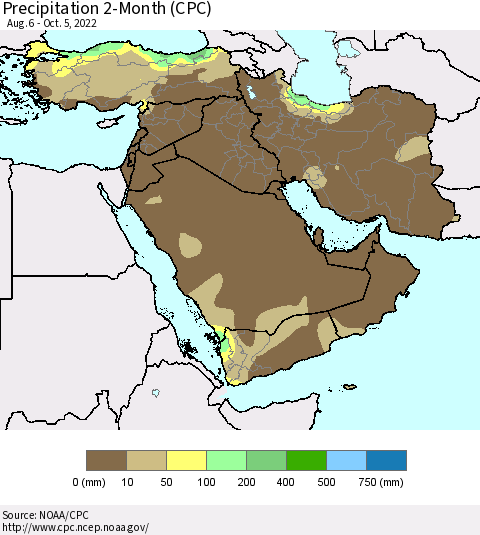 Middle East and Turkey Precipitation 2-Month (CPC) Thematic Map For 8/6/2022 - 10/5/2022