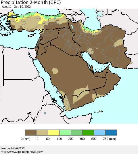 Middle East and Turkey Precipitation 2-Month (CPC) Thematic Map For 8/11/2022 - 10/10/2022
