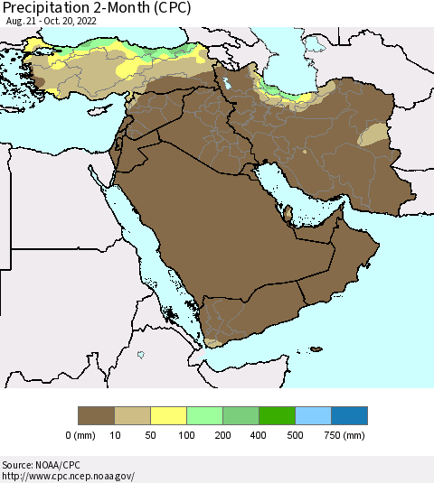 Middle East and Turkey Precipitation 2-Month (CPC) Thematic Map For 8/21/2022 - 10/20/2022