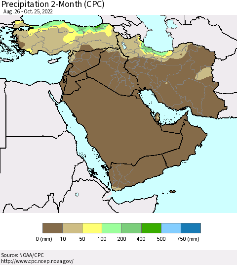Middle East and Turkey Precipitation 2-Month (CPC) Thematic Map For 8/26/2022 - 10/25/2022