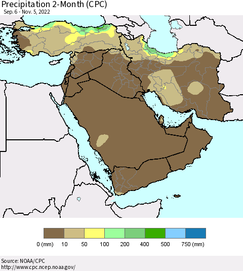 Middle East and Turkey Precipitation 2-Month (CPC) Thematic Map For 9/6/2022 - 11/5/2022