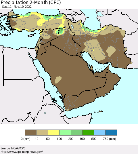 Middle East and Turkey Precipitation 2-Month (CPC) Thematic Map For 9/11/2022 - 11/10/2022