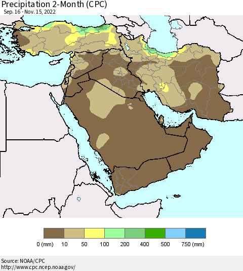 Middle East and Turkey Precipitation 2-Month (CPC) Thematic Map For 9/16/2022 - 11/15/2022