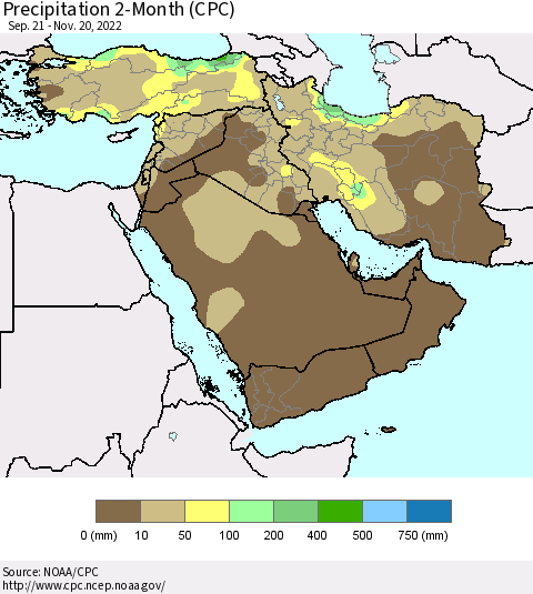 Middle East and Turkey Precipitation 2-Month (CPC) Thematic Map For 9/21/2022 - 11/20/2022