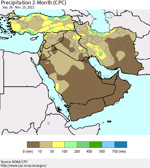 Middle East and Turkey Precipitation 2-Month (CPC) Thematic Map For 9/26/2022 - 11/25/2022