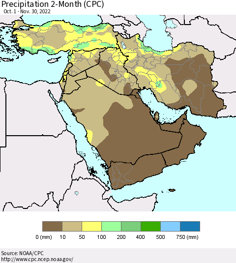Middle East and Turkey Precipitation 2-Month (CPC) Thematic Map For 10/1/2022 - 11/30/2022