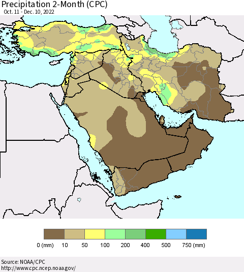 Middle East and Turkey Precipitation 2-Month (CPC) Thematic Map For 10/11/2022 - 12/10/2022