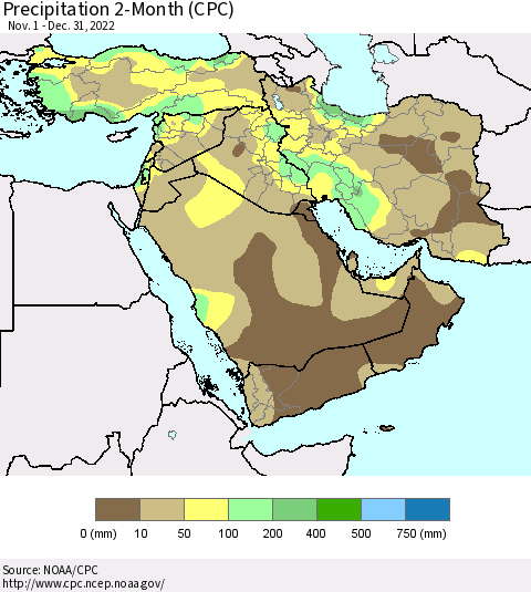 Middle East and Turkey Precipitation 2-Month (CPC) Thematic Map For 11/1/2022 - 12/31/2022