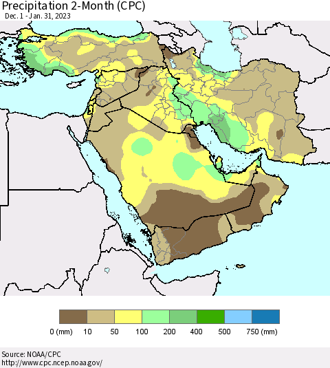 Middle East and Turkey Precipitation 2-Month (CPC) Thematic Map For 12/1/2022 - 1/31/2023