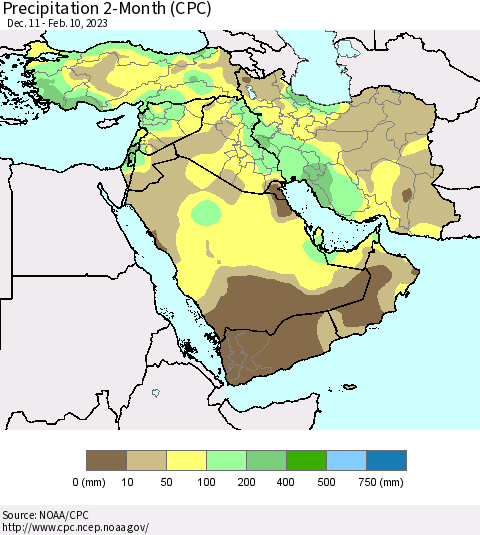 Middle East and Turkey Precipitation 2-Month (CPC) Thematic Map For 12/11/2022 - 2/10/2023