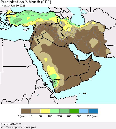 Middle East and Turkey Precipitation 2-Month (CPC) Thematic Map For 5/1/2023 - 6/30/2023