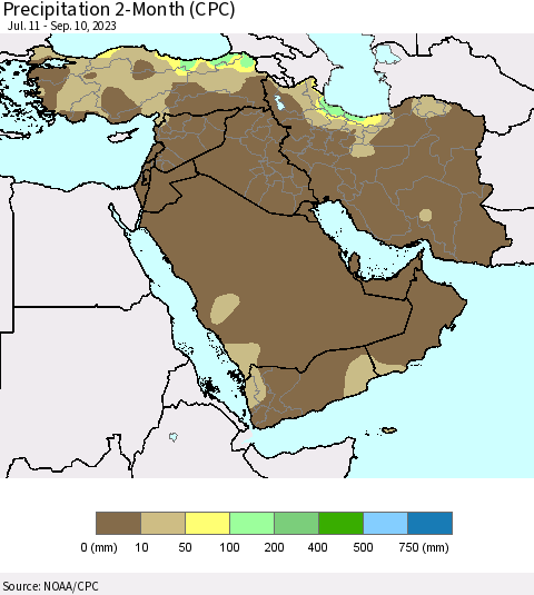 Middle East and Turkey Precipitation 2-Month (CPC) Thematic Map For 7/11/2023 - 9/10/2023