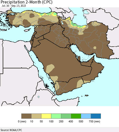 Middle East and Turkey Precipitation 2-Month (CPC) Thematic Map For 7/16/2023 - 9/15/2023