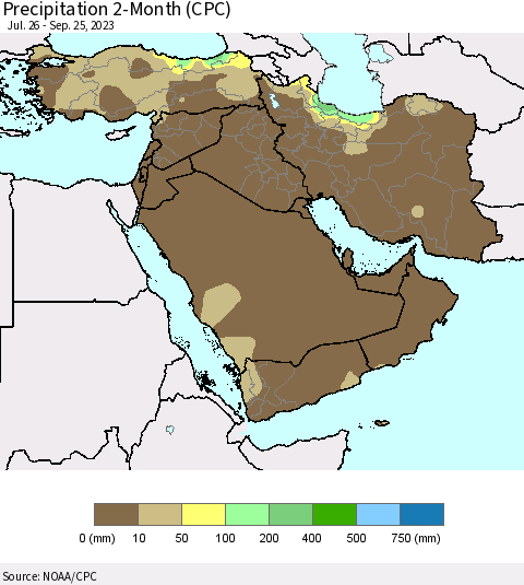 Middle East and Turkey Precipitation 2-Month (CPC) Thematic Map For 7/26/2023 - 9/25/2023