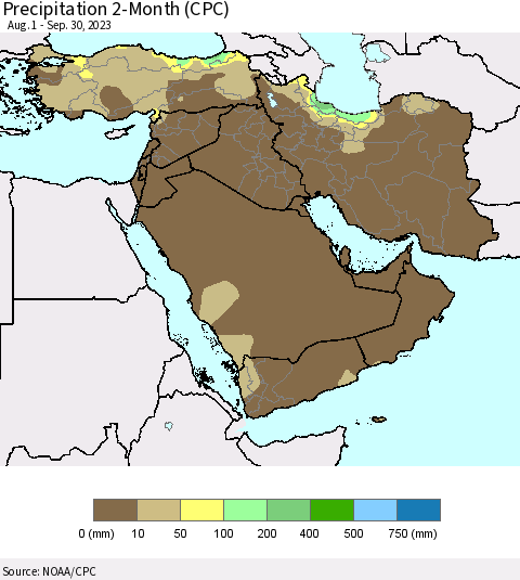 Middle East and Turkey Precipitation 2-Month (CPC) Thematic Map For 8/1/2023 - 9/30/2023
