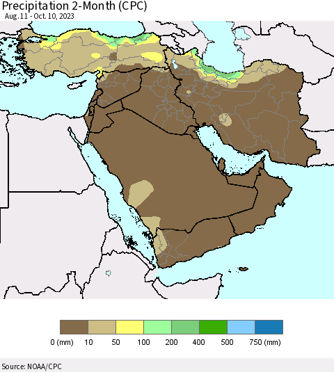 Middle East and Turkey Precipitation 2-Month (CPC) Thematic Map For 8/11/2023 - 10/10/2023