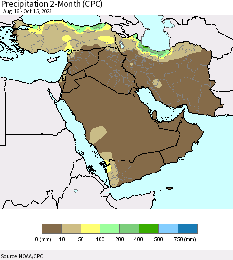 Middle East and Turkey Precipitation 2-Month (CPC) Thematic Map For 8/16/2023 - 10/15/2023
