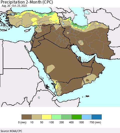 Middle East and Turkey Precipitation 2-Month (CPC) Thematic Map For 8/26/2023 - 10/25/2023