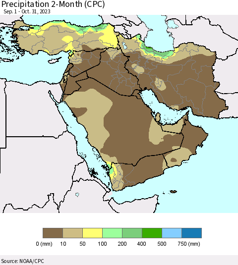 Middle East and Turkey Precipitation 2-Month (CPC) Thematic Map For 9/1/2023 - 10/31/2023