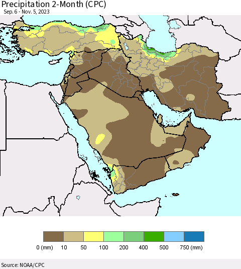 Middle East and Turkey Precipitation 2-Month (CPC) Thematic Map For 9/6/2023 - 11/5/2023
