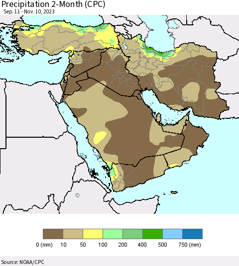Middle East and Turkey Precipitation 2-Month (CPC) Thematic Map For 9/11/2023 - 11/10/2023