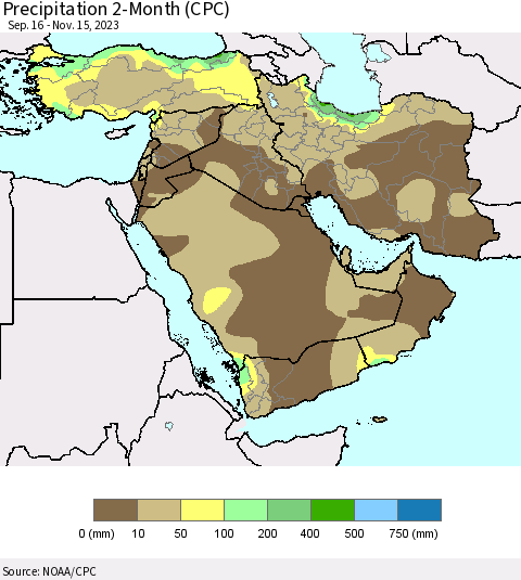 Middle East and Turkey Precipitation 2-Month (CPC) Thematic Map For 9/16/2023 - 11/15/2023