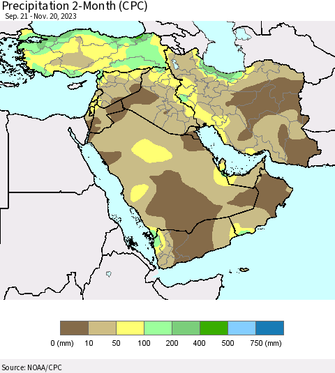 Middle East and Turkey Precipitation 2-Month (CPC) Thematic Map For 9/21/2023 - 11/20/2023