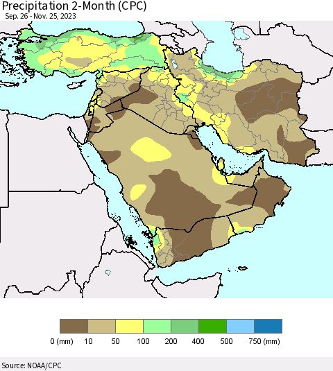 Middle East and Turkey Precipitation 2-Month (CPC) Thematic Map For 9/26/2023 - 11/25/2023
